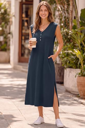 OUGES Women's Anti-Wrinkle Airy Layer Summer Maternity Dress V Neck Split Midi Nursing Dresses with Pockets 2026 - color: Navy, size: Small