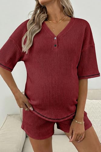 BLENCOT Maternity Pajamas Nursing Set Shorts Pregnancy Pj Sets - color: Red Dahlia, size: X-Large
