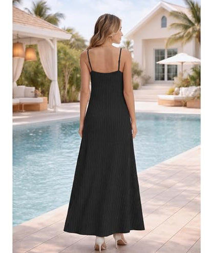 LILBETTER Women's Summer Maxi Dress Casual Flowy Spaghetti Strap Beach Long Dresses with Pockets - color: Black, size: Medium