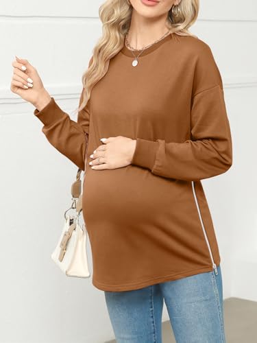 Women's Maternity Shirts Long Sleeve Sweatshirt Zipper Split Side Pregnancy Casual Tunic Top - color: Coffee, size: Medium