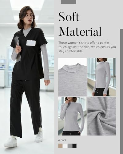 Xaatren 4 Pack Womens Long Sleeve Underscrubs Mock Neck Shirts - color: Black, Light Heather Gray, White, Khaki, size: Large