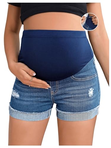 BEAUDRM Women's Maternity Adjustable High Waist Denim Mini Shorts - color: Medium Wash, size: X-Large