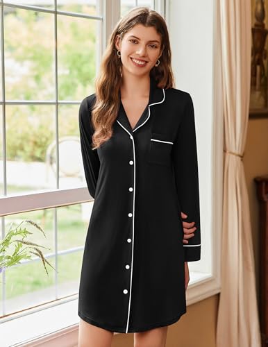 Ekouaer 2 Pack Nightgowns for Women Long Sleeve Button Down Sleep Shirt - color: Black/Navy Blue, size: Medium