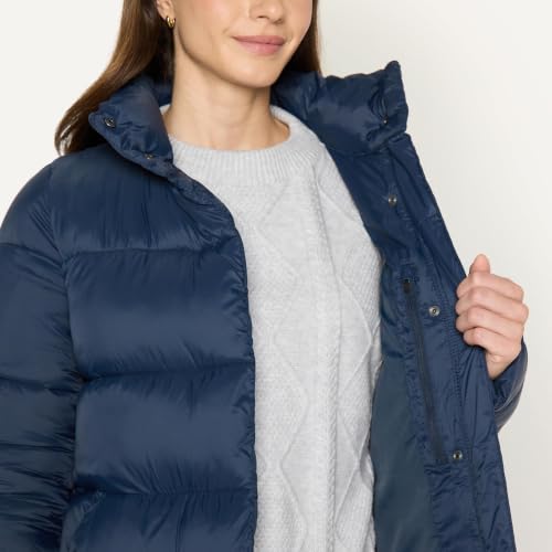Amazon Essentials Women's Lightweight Full-Zip Water-Resistant Long Cocoon Puffer Winter Coat, Stand Collar, Insulated - color: Navy, size: Medium