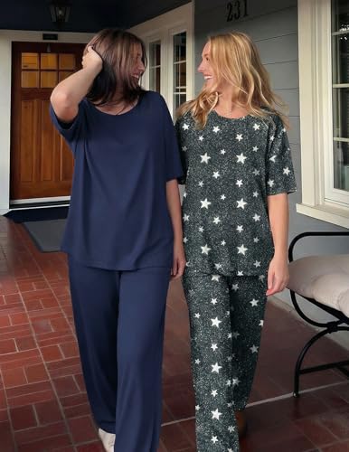 Ekouaer 2 Pack Womens Pajamas Sets Short Sleeve Long Pants Pjs Lounge Set - color: Dark Grey Stars/Navy, size: Large
