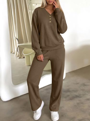 ANRABESS Womens Lounge Sets Waffle Fall 2 Piece Travel Outfits - color: Khaki, size: Medium