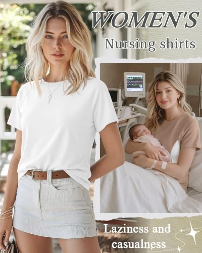 Huukeay 3 Pack Women's Nursing Tops - color: White, Khaki, Black, size: X-Large