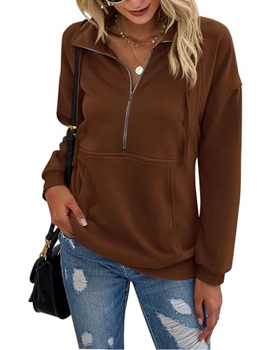 PRETTYGARDEN Women's Casual Long Sleeve Sweatshirt Half Zip Pullover Tops - color: Brown, size: Small