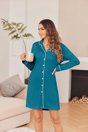 Ekouaer Womens Nightgown Long Sleeve Nightshirt Soft Button Down Sleepshirt - color: Blue Green, size: Small