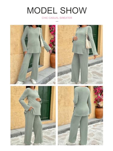 BLENCOT Maternity 2 Piece Outfits Ribbed Knit Long Sleeve Sets - color: Green, size: Medium