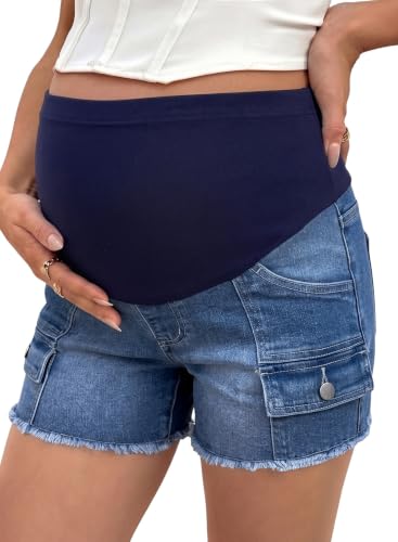 BLENCOT Maternity Denim Cargo Shorts Over Belly Soft Stretch Frayed - color: Sail Blue, size: Medium