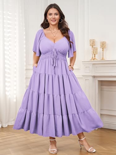 Plus Size Casual Summer Boho Maxi Long Dresses for Curvy Women - color: Lilac, size: X-Large Plus