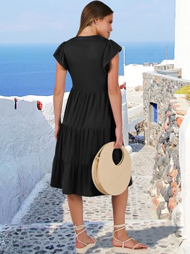 ANRABESS Womens Summer Dress Ruffle Sleeve V Neck Midi Dresses - color: Black, size: X-Large