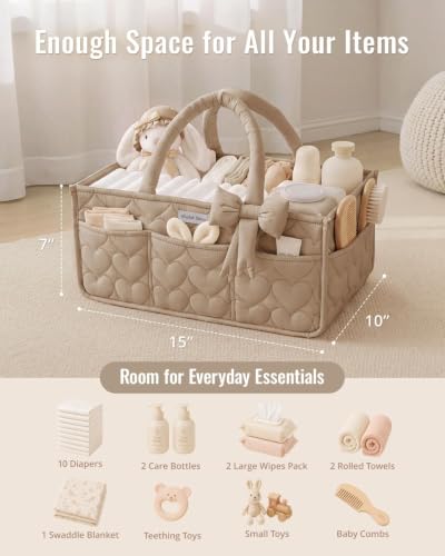 Blissful Diary Baby Diaper Caddy Organizer, Heart-Quilted, Brown - color: Heart Brown