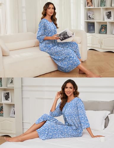 Bloggerlove Women's Zipper Robe with Pockets, Long Housecoat for Women - color: Blue Flower, size: Medium