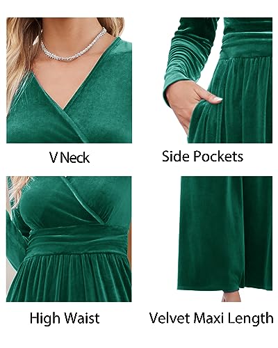 OUGES Women's Warp Pockets Maxi Fall Winter Cocktail Formal Dress 2026 - color: G-velvet Green, size: Small