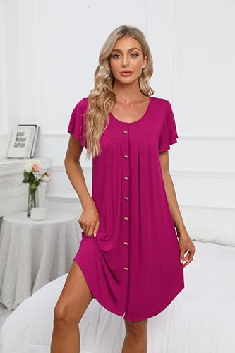 Womens Button Down Nightgown Pleated Front Short Sleeve Sleepshirt - color: A-solid - Rose, size: Small