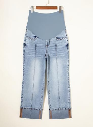 BLENCOT Maternity Jeans Over Belly Straight Leg Denim Pants with Pockets - color: Light Blue, size: Medium