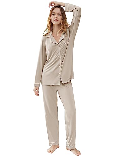 Joyaria Women's Cooling Bamboo Viscose Pajama Set Long Sleeve Button Front - color: Cream, size: Large