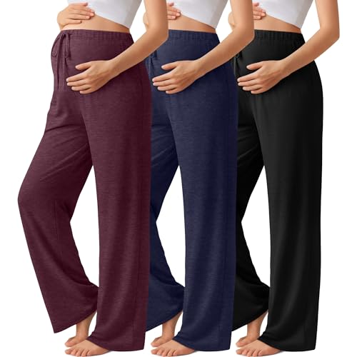 3 Pack Maternity Wide Leg Pants Pregnancy Pants - color: Wine Red, Blue Gray, Black, size: Large