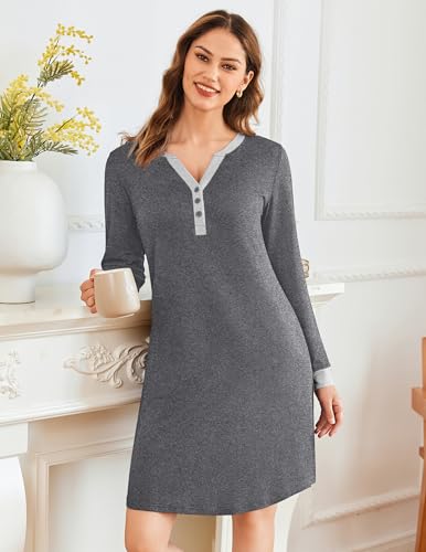 Ekouaer Women's Nightgown Long Sleeve Sleepshirt with Pockets - color: Grey, size: XX-Large