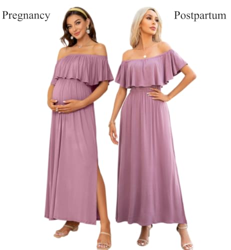 Off Shoulder Ruffle Sleeve Maternity Maxi Dress Side Slit - color: Mauve, size: X-Large