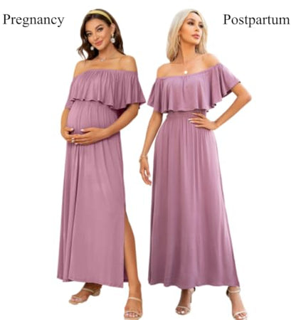 Off Shoulder Ruffle Sleeve Maternity Maxi Dress Side Slit - color: Mauve, size: X-Large
