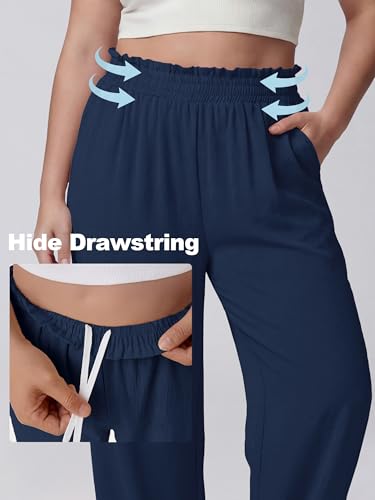 Lastshe Women's Plus Size Wide Leg Pants Elastic High Waist Hide Drawstring Loose Work Pants Palazzo Trousers with Pockets - color: 01 Black, size: 5X