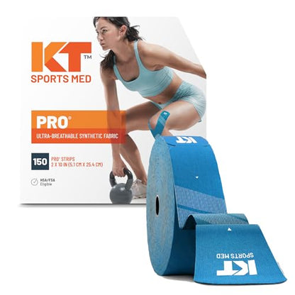 KT Tape, PRO Synthetic Elastic Kinesiology Athletic Tape, 150 Count, 10” Precut Strips - color: Laser Blue