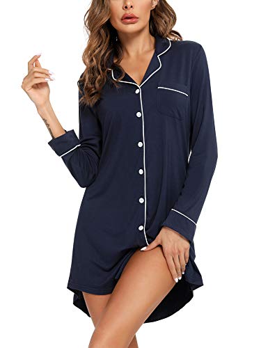 Samring Nightgowns for Women Long Sleeve Button Down Night Gown Sleepshirts - color: Navy Blue, size: Medium