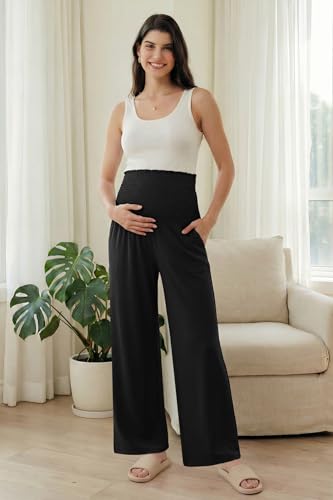 OUGES Womens Lyocell Cotton Maternity Pants Over Belly Smocked Waist Stretchy Casual Wide Leg Palazzo Pants with Pockets - color: Black, size: Small