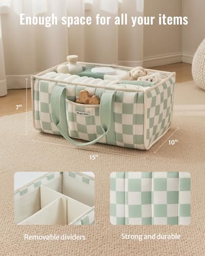 Blissful Diary Checkered Diaper Caddy Organizer, Storage Basket, Sage Green - color: Checkered Sage Green