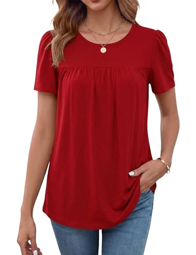LUYAA Womens Dressy Casual Tops Short Sleeve Blouse Crew Neck Loose Fit Summer Clothes M-4XL - color: Red, size: 4X-Large