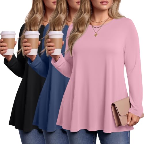 Evervibe 3 Pack Womens Plus Size Tunic Tops - color: Black, Denim Blue, Rose Pink, size: 3X-Large