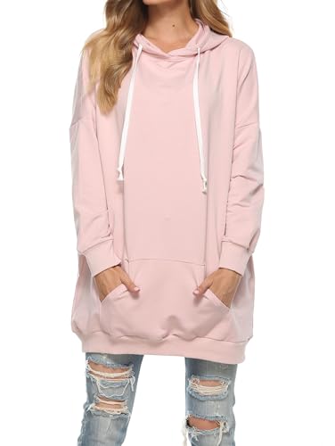 Famulily Womens Oversized Hoodie Extra Long Hooded Tunic Sweatshirt with Pockets - color: Pink, size: Medium