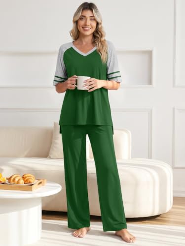 Anyhold Lounge Sets for Women Fall Pajamas Set 2 Piece Outfits - color: Dark Green, size: Small