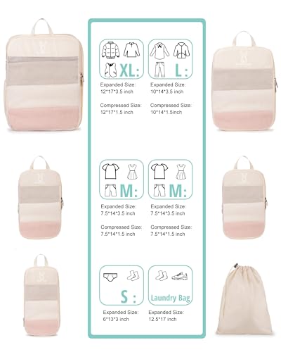 6/8 Set Space Saving Compression Packing Cubes Lightweight Packing Cube - color: Beige, size: 8 Pcs(XL,L*2,M*2,S,laundry bag,shoes bag)