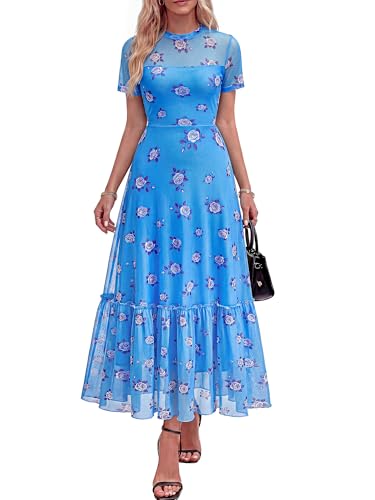 BTFBM Womens Mesh Ruffle Boho Cocktail Dresses - color: Floral Light Blue Purple, size: Large