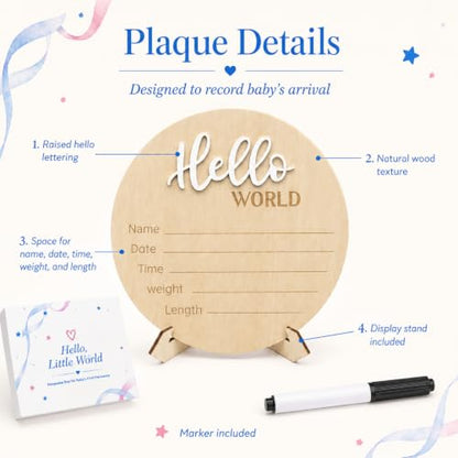 Hello World Baby Announcement Sign Newborn Welcome Plaque Box Set - color: White,Box
