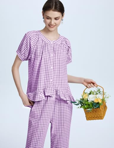 Flygo Women's Cotton Gingham Pajama Set 2 Piece Ruffle Lounge Sleepwear - color: Purple, size: Small