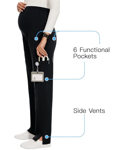 AMPOSH Women's Maternity Scrub Pants with 6 Pockets Stretchy Straight Leg Pregnancy Workwear - color: Black, size: Medium