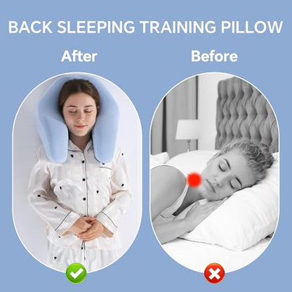 ROYALAY Back Sleeping Training Pillow, Memory Foam Beauty Pillow with Adjustable Height, Neck & Shoulder Support, 2 Washable Covers, Blue