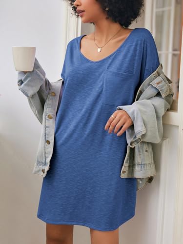 Ekouaer Cotton Nightgowns for Women Oversized Sleep Shirt Tshirt Night Gown - color: Peacock Blue, size: Medium