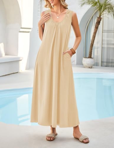 MEROKEETY Women's Summer Boho Sleeveless Ruched Maxi Dress - color: Apricot, size: Small