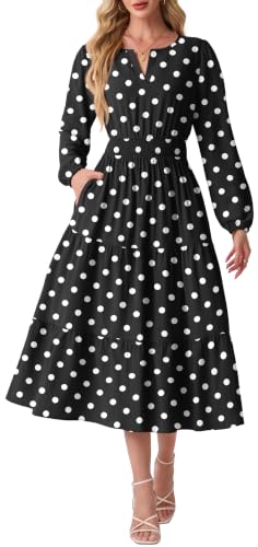 GRECERELLE Casual Fall Dresses for Women Long Sleeve Wedding Guest Dresses - color: Pd White Black, size: Medium