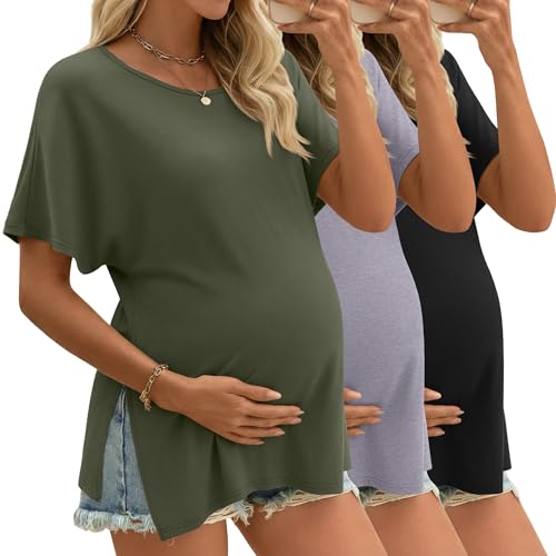 Riyiper 3 Pack Women's Maternity Tunic Cotton Shirts - color: Army Green, Light Mixed Gray, Black, size: Medium