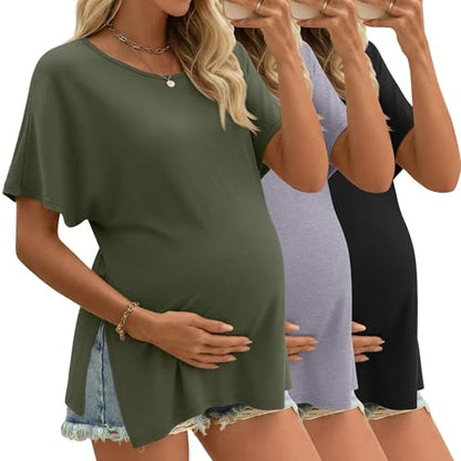 Riyiper 3 Pack Women's Maternity Tunic Cotton Shirts - color: Army Green, Light Mixed Gray, Black, size: Large