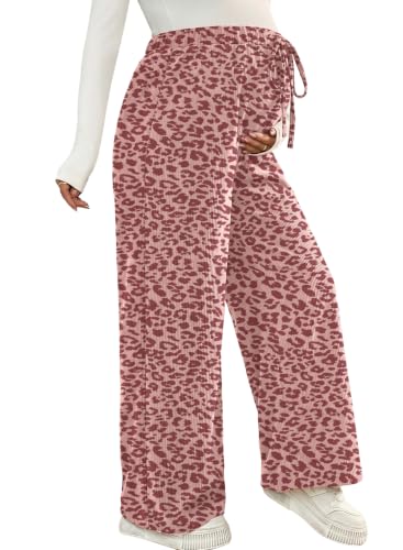 BLENCOT Maternity Pants Leopard Wide Leg Drawstring Pregnancy Trousers - color: Pink, size: Small