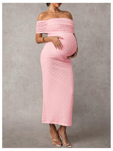 SweatyRocks Women's Maternity Off The Shoulder Dress Bodycon Maxi Dresses - color: Pink, size: X-Large