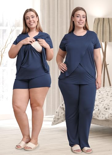 Rnxrbb 3 Piece Postpartum Nursing Pajamas Set Maternity Breastfeeding Pjs - color: Navy, size: X-Large